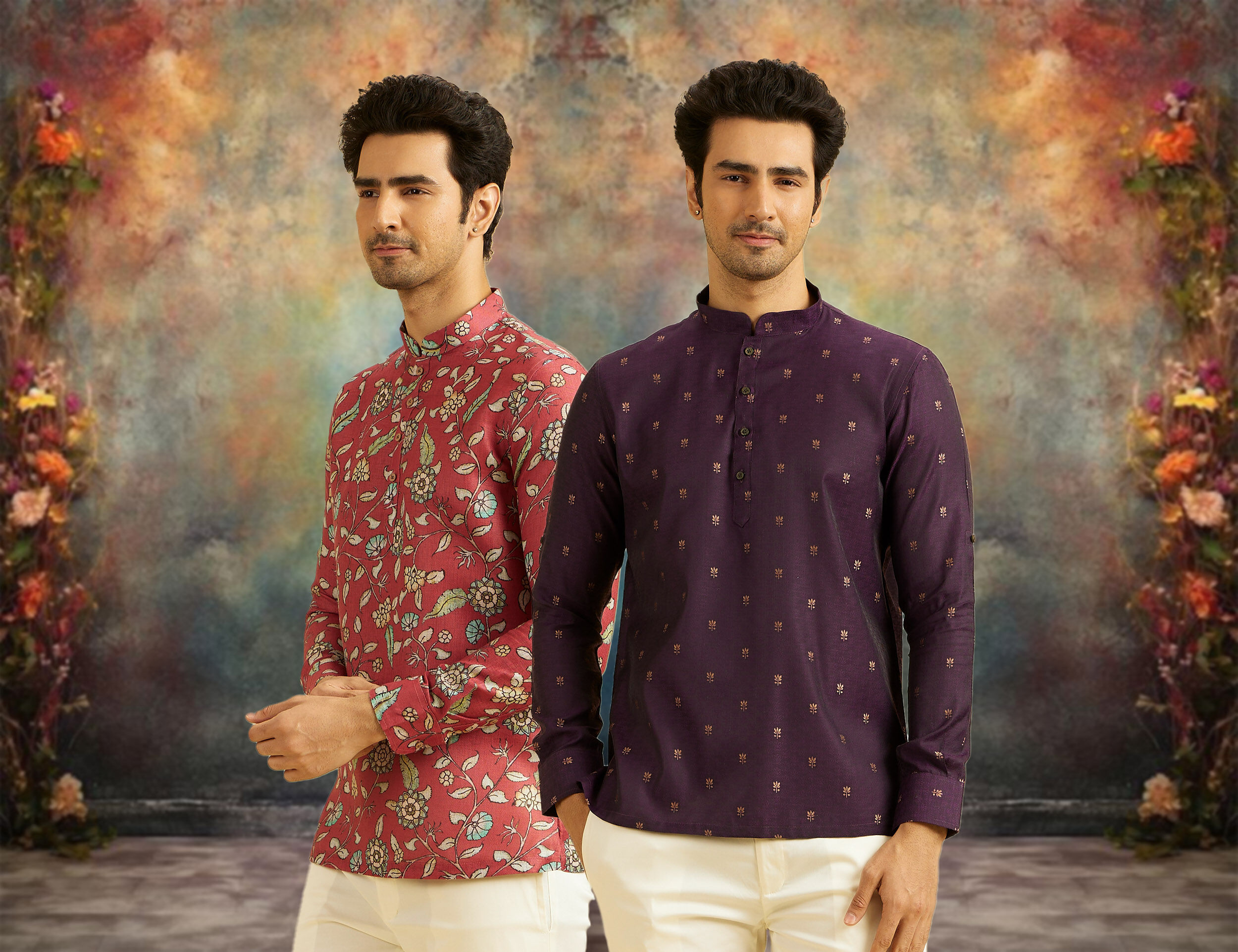 Men wearing stylish red and purple kurtas and pant set for a pre-wedding function